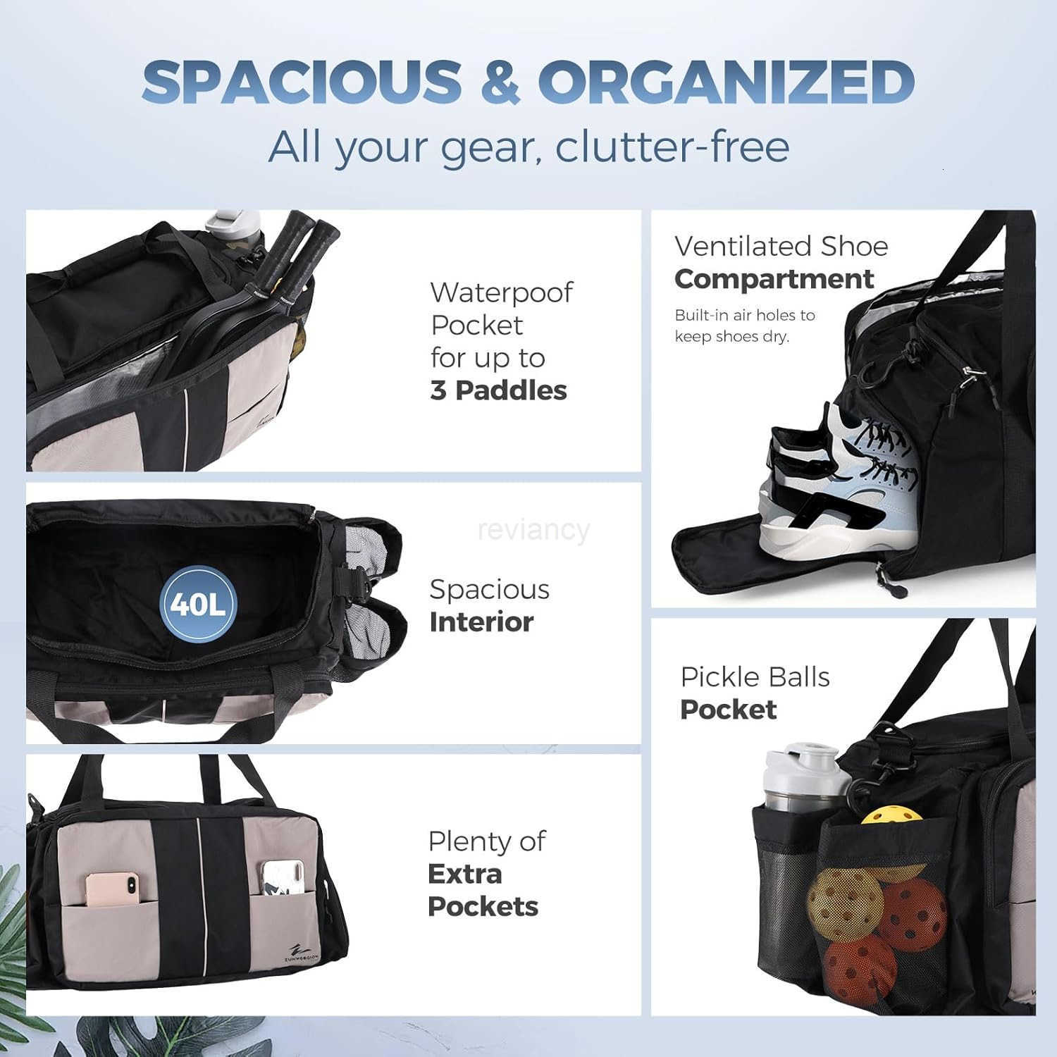 Pickleball Bag for Men Women 40L Duffle Bag with Thermal Paddle Pocket Shoe Compartment Fence Hooks Mesh Ball Holders WaterResistant Pickle Ball Bag f