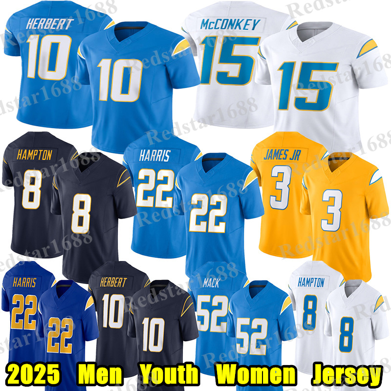 #10 Justin Herbert Football Jersey #52 Khalil Mack Ladd McConkey Najee Harris Joe Alt Derwin James Jr Lance Cameron Dicker Rivers Tre Harris Omarion Hampton jerseys