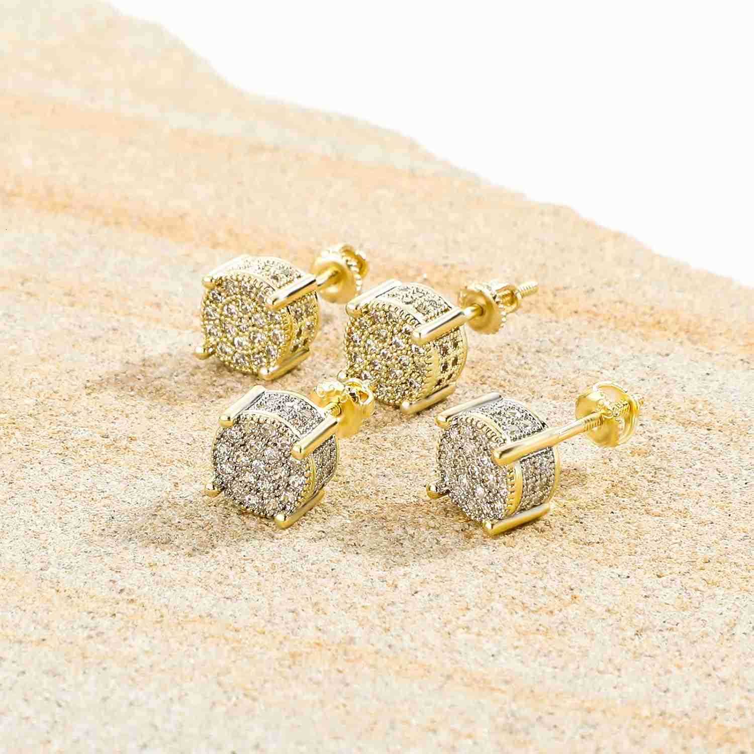 Screw Back Earrings 14K Golden Plated 5A Cubic Zirconia Cluster Round Screw On Stud Earrings For Men Women Aretes De HombreW250909