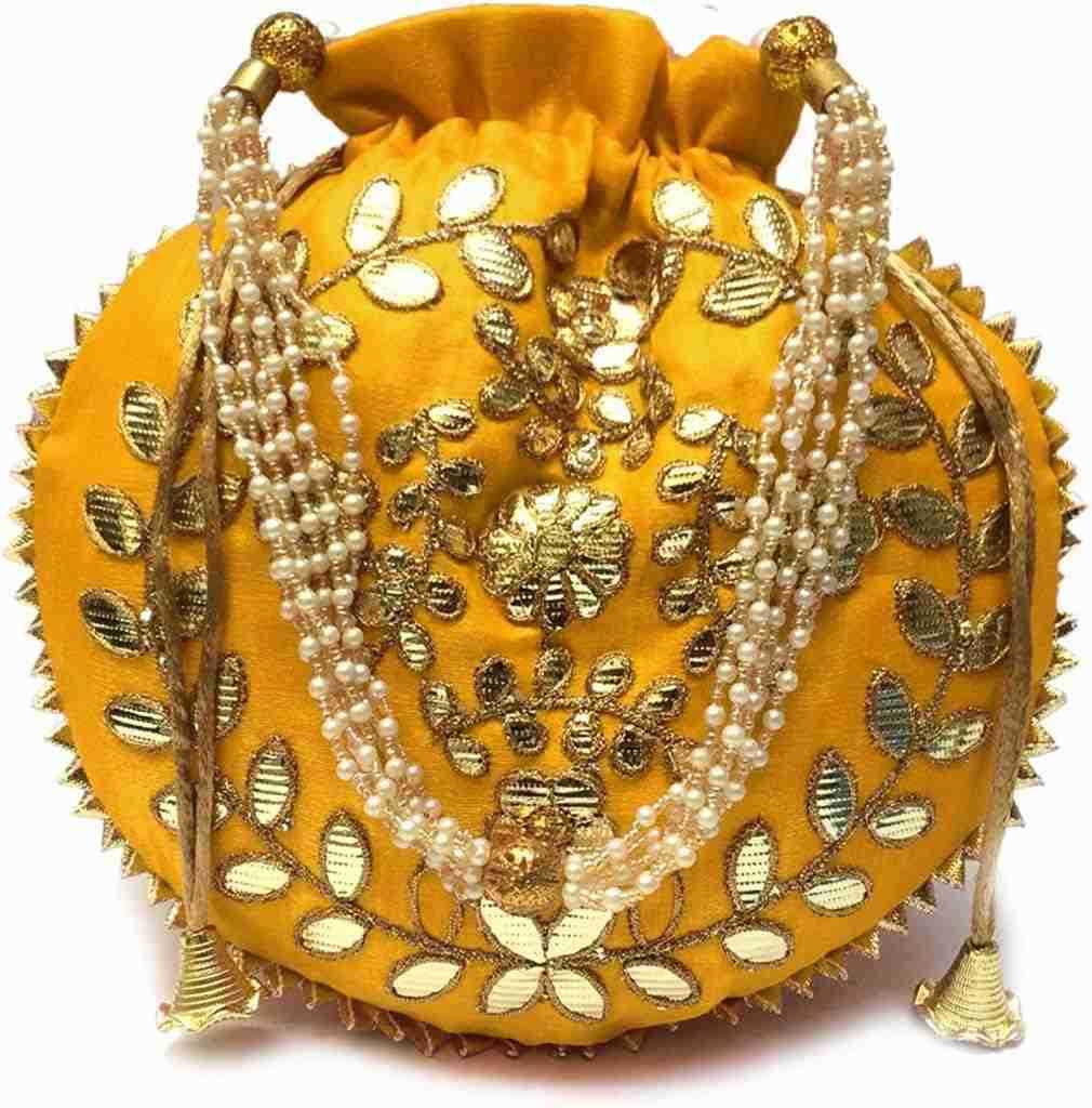 Bag For Women Indian Ethnic Designer Embroidered Silk Batwa Pearls Handle Purse Clutch Purse for Drawstring HL cm 23 24 Yellow Z25909