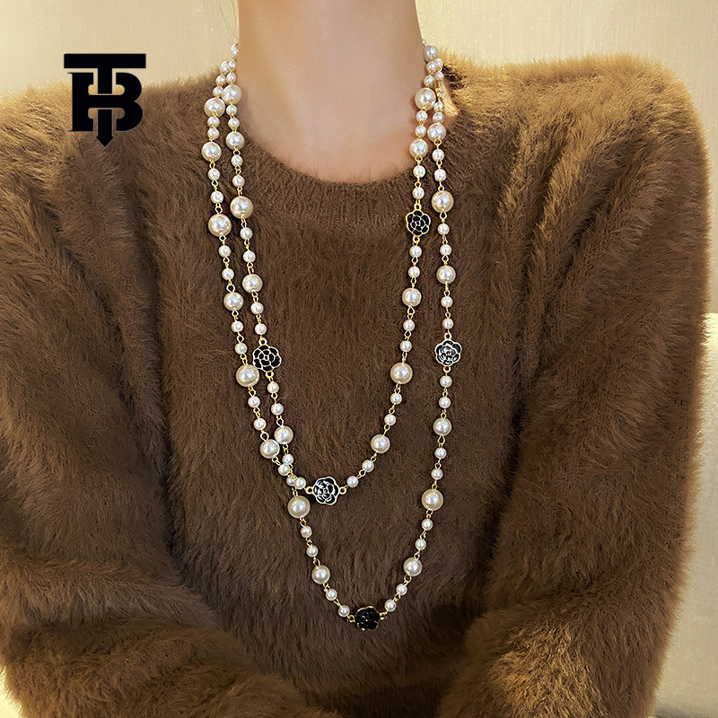 TB BHULAMTE Free Shipping New Designer Accessories Chanel Style Long Pearl Necklace Double Layer Camellia Sweater Chain For Women Trendy Autumn Winter