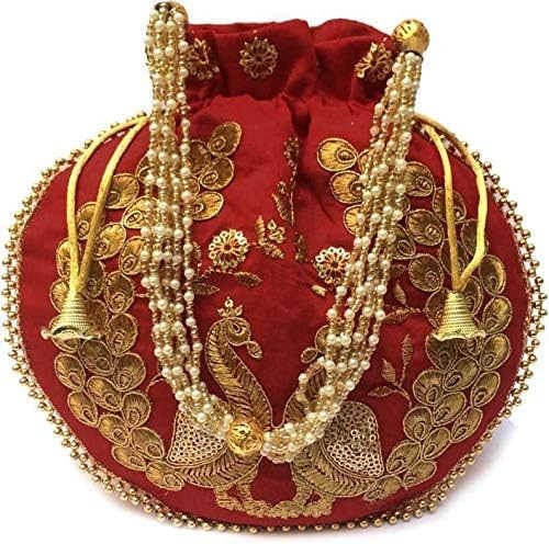 Ethnic Designer Embroidered Silk Potli Bag Batwa Pearls Handle Purse Clutch Purse for Women Z25909