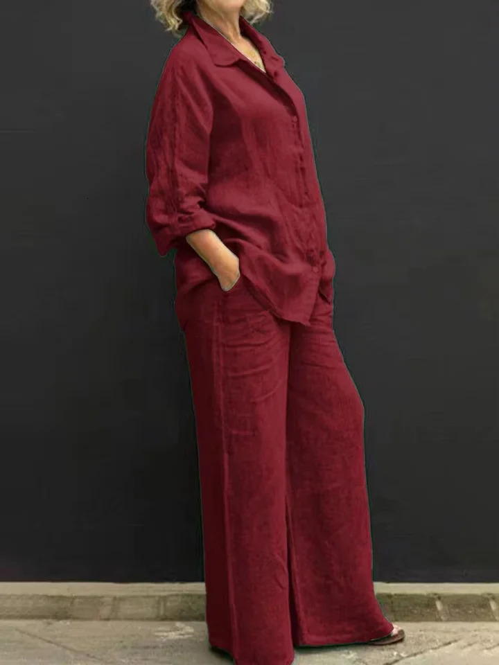 Women Linen Casual Shirt 2 Pieces Set Fashion Lapel Long Sleeve Button Blouse And Trousers Outfits Loose Wide Leg Pants Suits 250908