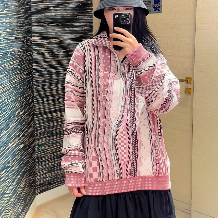 High quality designer Men's Outerwear&Coats Men's Jackets unisex high-end pink contrasting fashionable outdoor street show knitwear heavy industry jacket