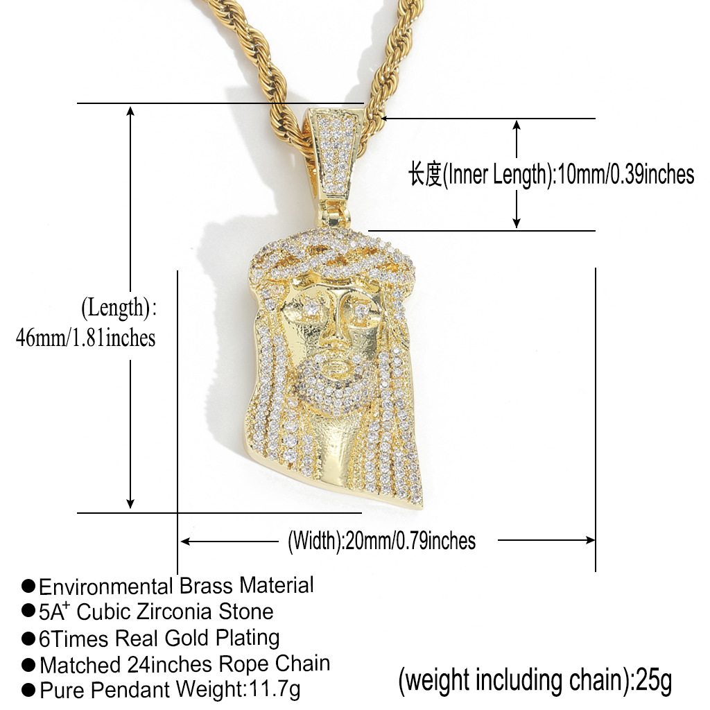 Vintage Hip Hop Samll Jesus Pendant Necklace 5A Zircon 18k Gold Plated Religious Jewelry