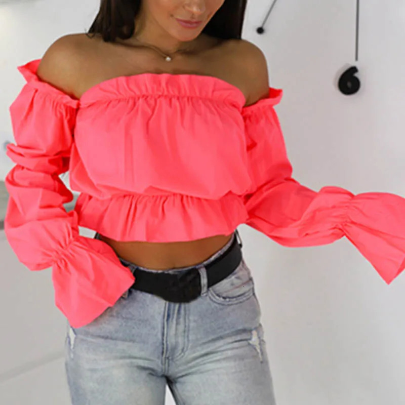 Candy Color Off Shoulder Crop Tops women Summer dot print lantern sleeve shirts Lady Sexy Slash neck beach blouse 250909