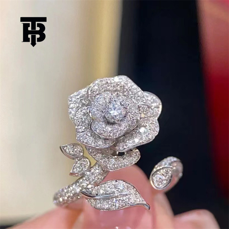 TB BHULAMTE Free Shipping Brand New Designer Accessory Micro Pawe All Diamond Light Luxury Women's Rose Ring Elegant And Versatile
