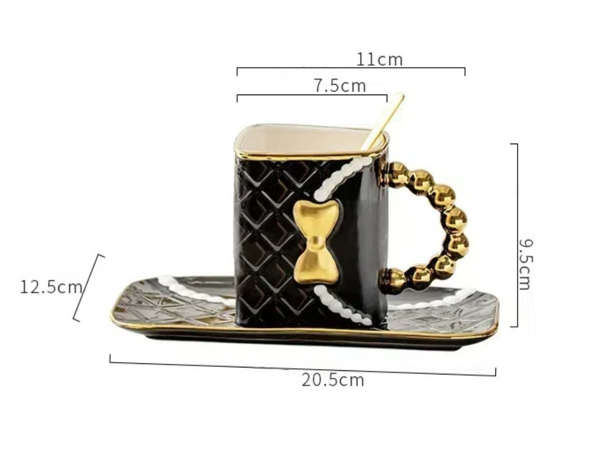 Designer Luxury 350ML Pearl Bow Bag Cup Coffee Cup Milk Cup Dish Set Home Office Afternoon Tea Ceramic Water Cup
