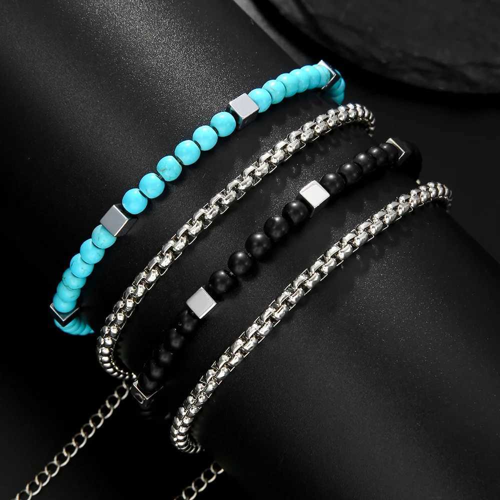 Noter 2Pcs Men Bracelet With Stainless Steel Cuban Chain Pulsera 4mm Natural Stone Braclet For Homme Casual Hip Hop AccessoriesXJ250909