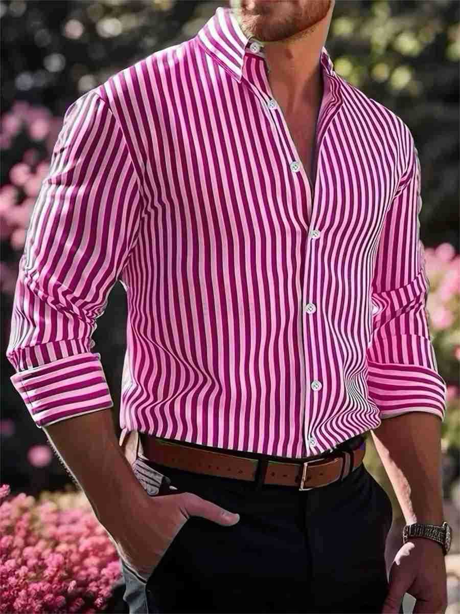 Mens Large Size 6XL Lapel Button Dress Shirt Striped Shirt Wedding Black White Red Business Long Sleeve Comfortable Fabric Z250909