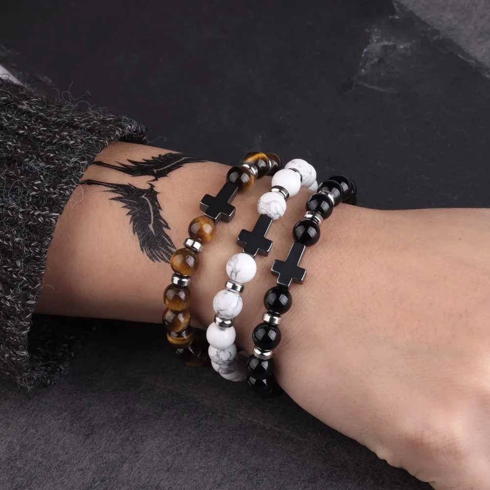 Natural Stone Bracelets Hematite Cross Pendent 8mm Tiger Eye Black Onyx Lava Howlite Bead Elastic Rope Bracelet For Men GiftXJ250909