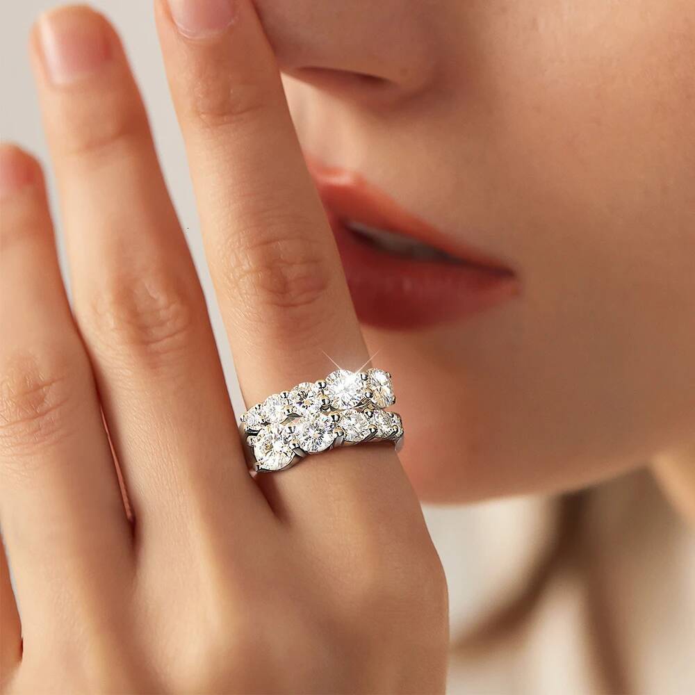 OEVAS Double Row Full Moissanite Rings for Women 100 S925 Sterling Silver Sparkling Lab Diamond Wedding Band Fine Jewelry Gift