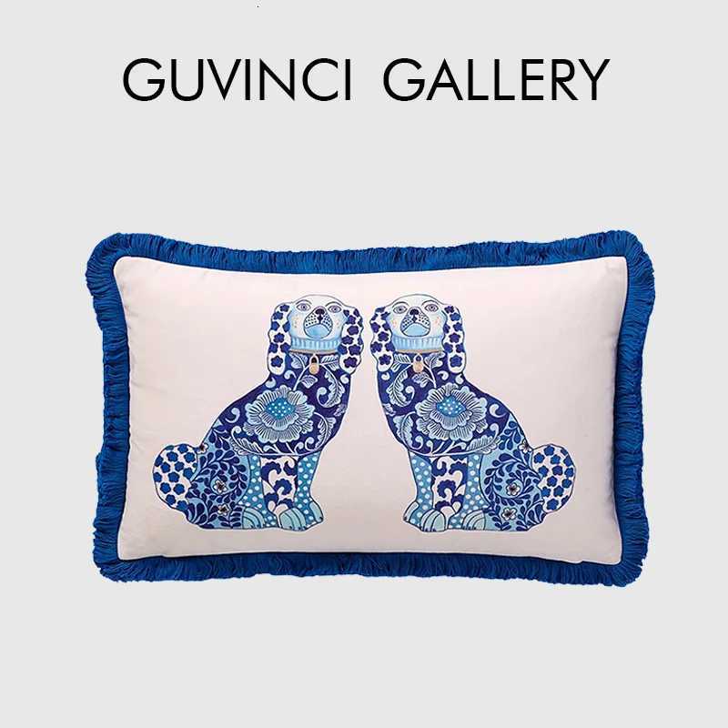 Luxurious GUVINCI Staffordshire Dogs With Chinoiserie Ginger Jar Pattern Decorative Cushion Cover Whimsical Animals Art Pillowcase Fringed Y251109