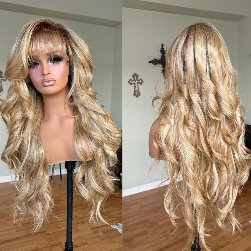 Light Honey Blonde Highlights Ombre Blonde Wig Body Wave Human Hair Wigs with Bangs Glueless Lace Wigs 13x4 Transparent Lace Front Wig For Women