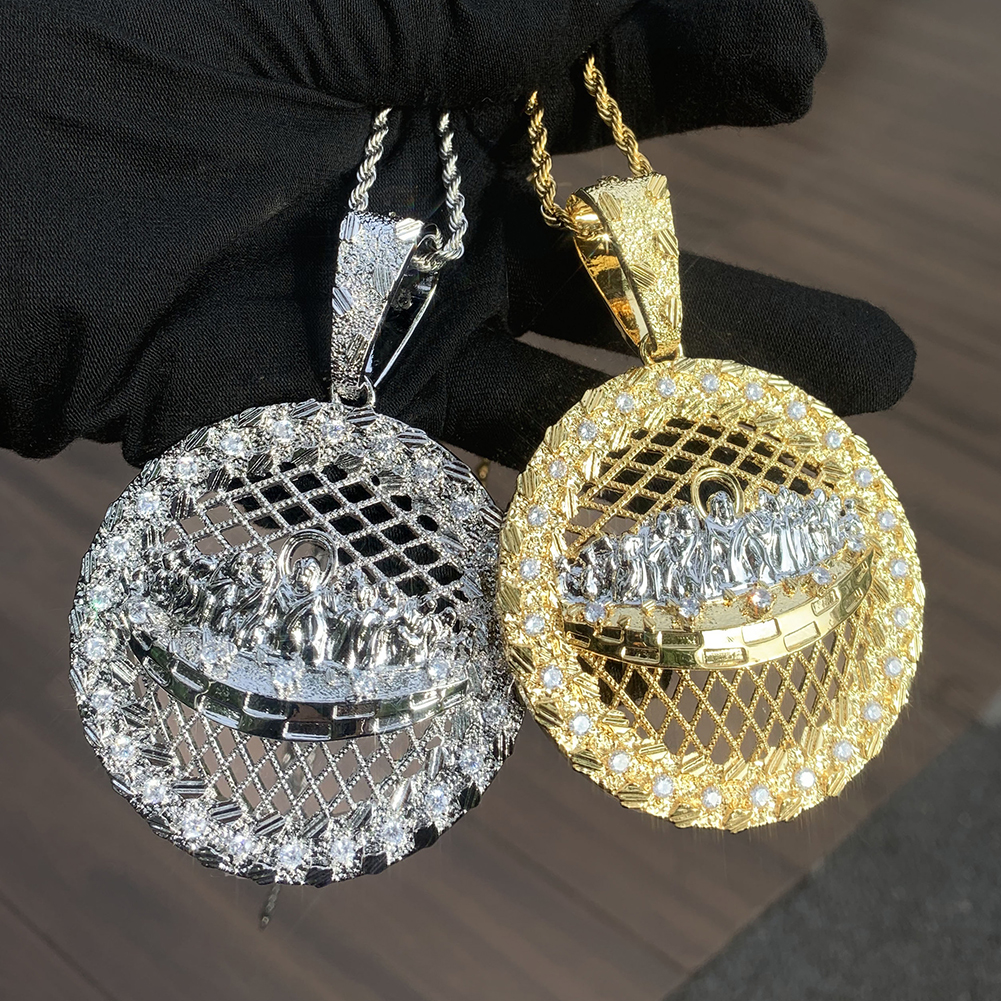 Hip Hop Jesus Pendant Necklace 5A Zircon 18k Gold Plated Disc Religious Jewelry