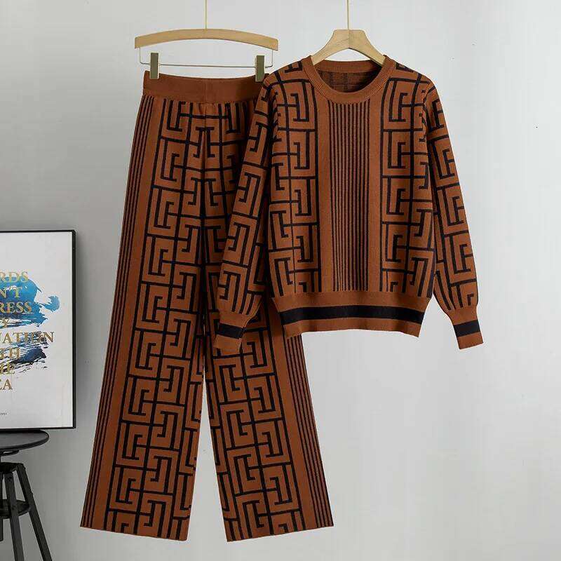 Knitting Two Piece Set Women Pullover Stripe Print Round Collar Sweater Wide Leg Pants Suit Loose Fit Casual Outifits Knit Sets