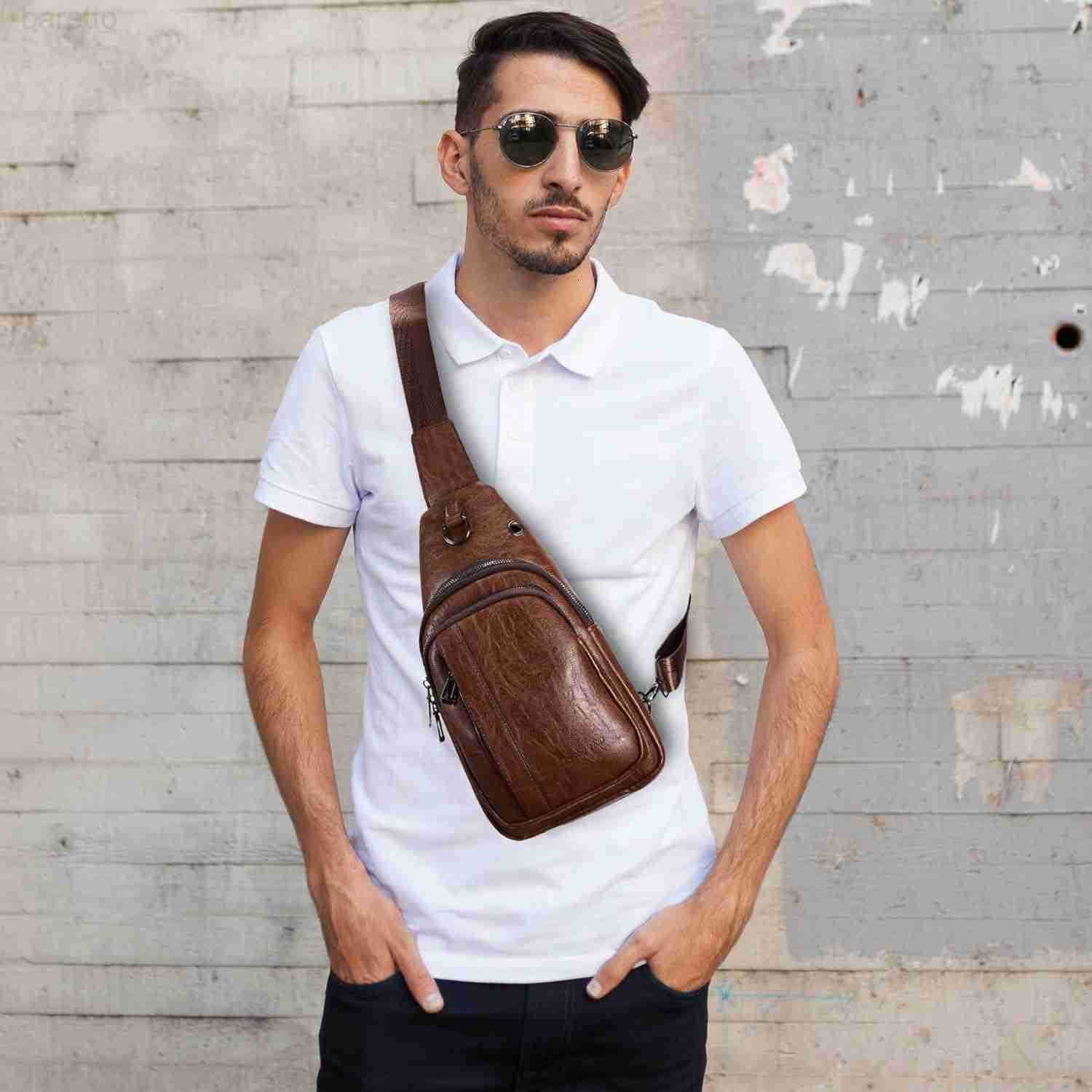 Rop Men Sling Bag Anti Theft Shoulder Bag Small Leather Crossbody Sling Backpack with USB Charge Port Brown Z250909