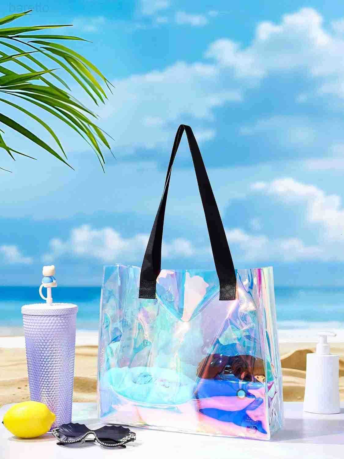 Holographic Clear Tote Bag Large Iridescent Shoulder Handbags for Waterproof Sandproof Beach Party Favor Bags Z250909