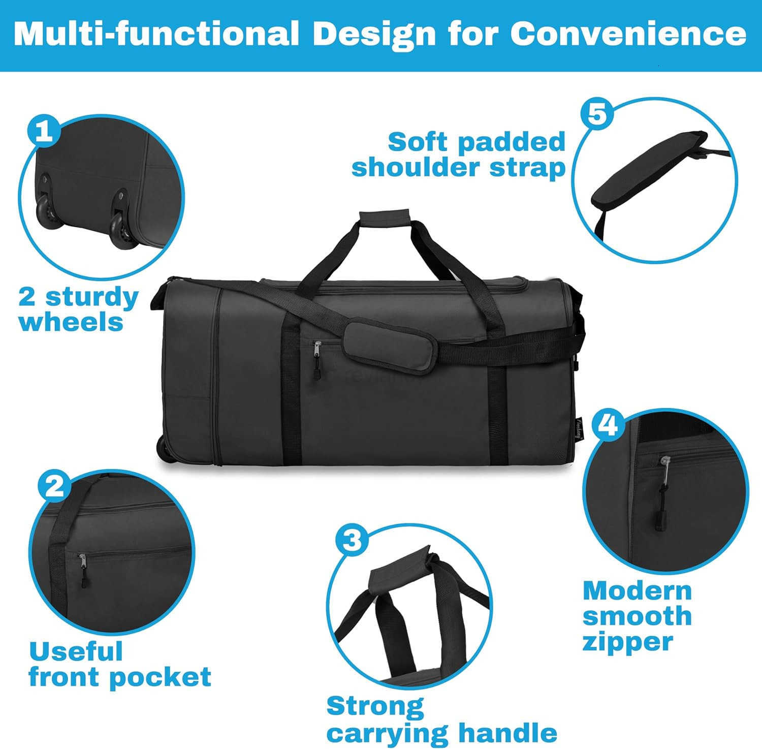100L Foldable Rolling Duffel Bag with 2 Wheels Light Weight Travel Duffel bag with Large Loading Capacity 32 inch Rolling Duffel bag with Shoulder Str