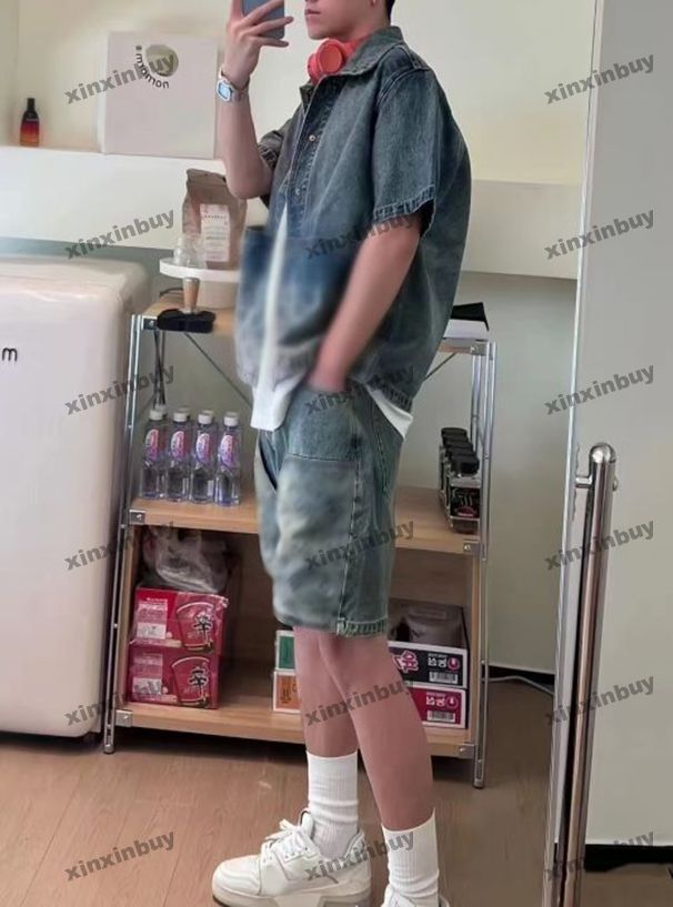 xinxinbuy Men designer Tee t shirt 25ss Italy letter pattern print denim sets short sleeve denim women gray black blue Khaki S-2XL