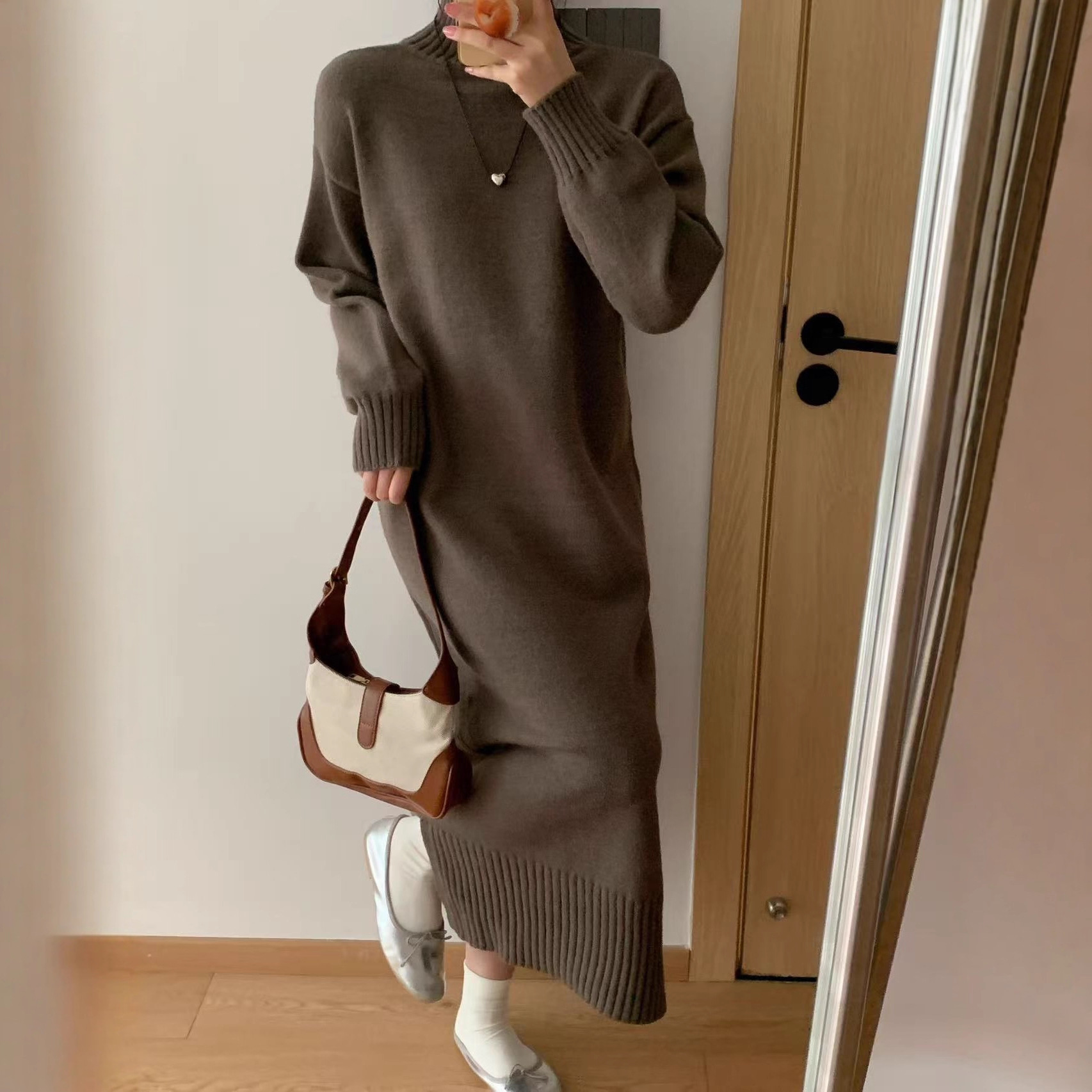 K93New half-high collar side slit loose lazy style long sleeve thick solid color knitted long skirt for women