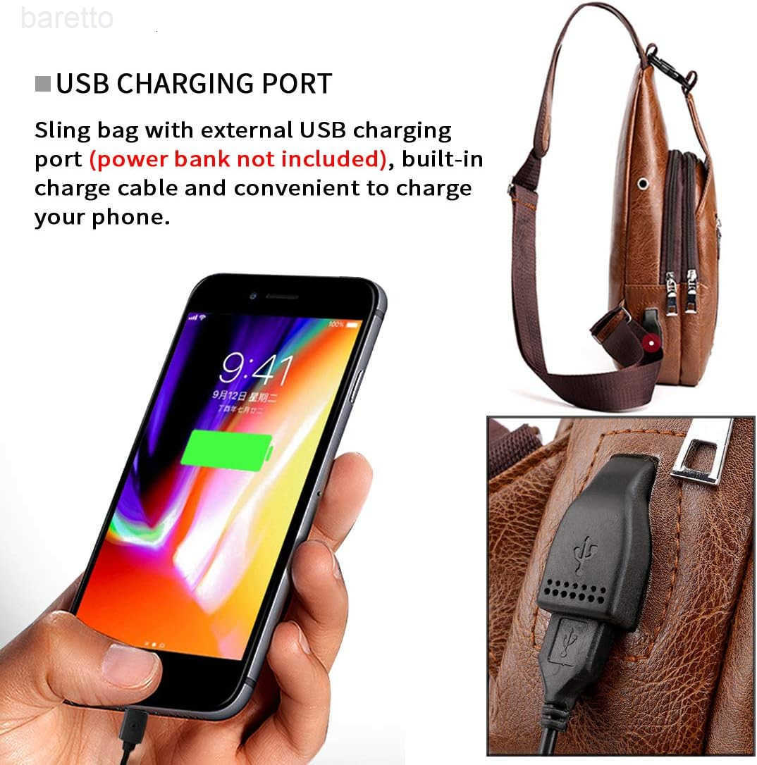 Rop Men Sling Bag Anti Theft Shoulder Bag Small Leather Crossbody Sling Backpack with USB Charge Port Brown Z250909