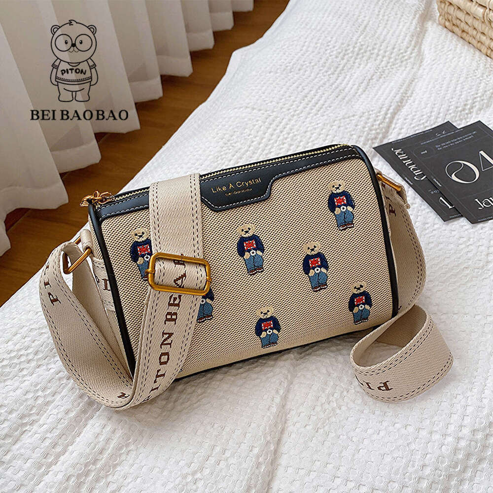 Color-Block Beibao Canvas Embroidery Wide Strap For Women 2024 Casual Cartoon Single Shoulder Crossbody Bag