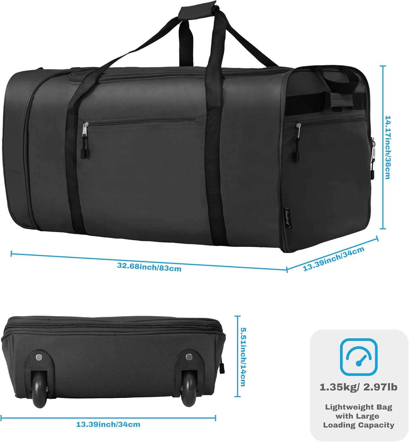 100L Foldable Rolling Duffel Bag with 2 Wheels Light Weight Travel Duffel bag with Large Loading Capacity 32 inch Rolling Duffel bag with Shoulder Str