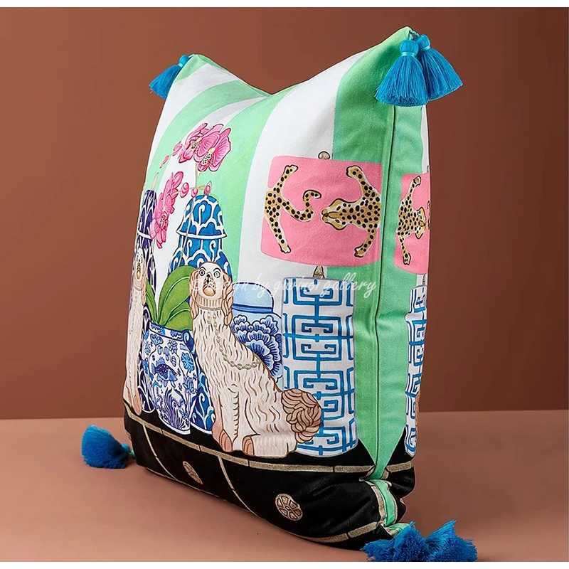 Luxurious GUVINCI Staffordshire Dogs With Chinoiserie Ginger Jar Pattern Decorative Cushion Cover Whimsical Animals Art Pillowcase Fringed Y251109