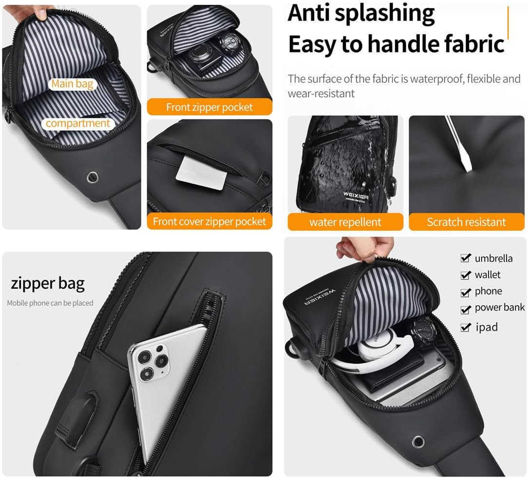 Sling Bags Mens Shoulder Crossbody Backpack with USB Charging Port HeadphoneOutdoor Lightweight Bag Z250909