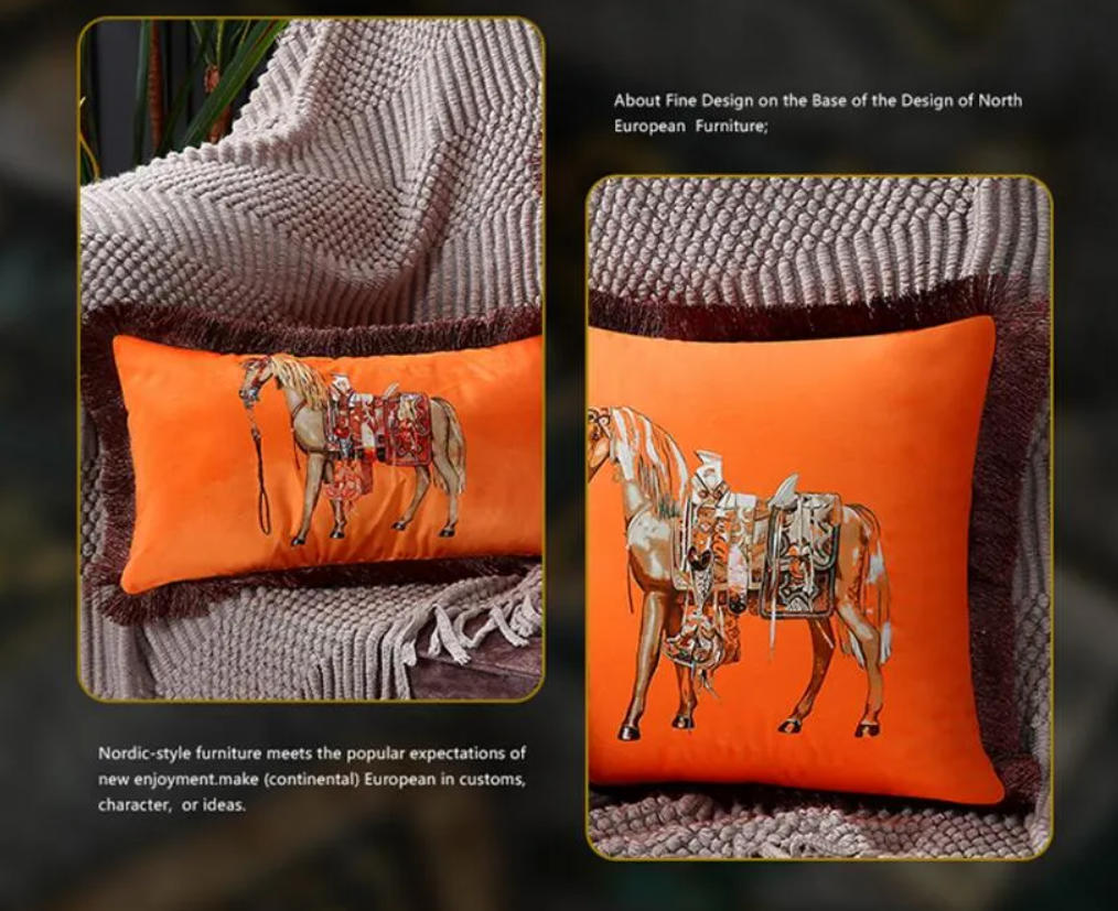 Designer Luxury European American Luxury Printed Cushion Cover Horse Pattern Velvet Pillowcase Lumbar Pillow Cover Tassel Edge