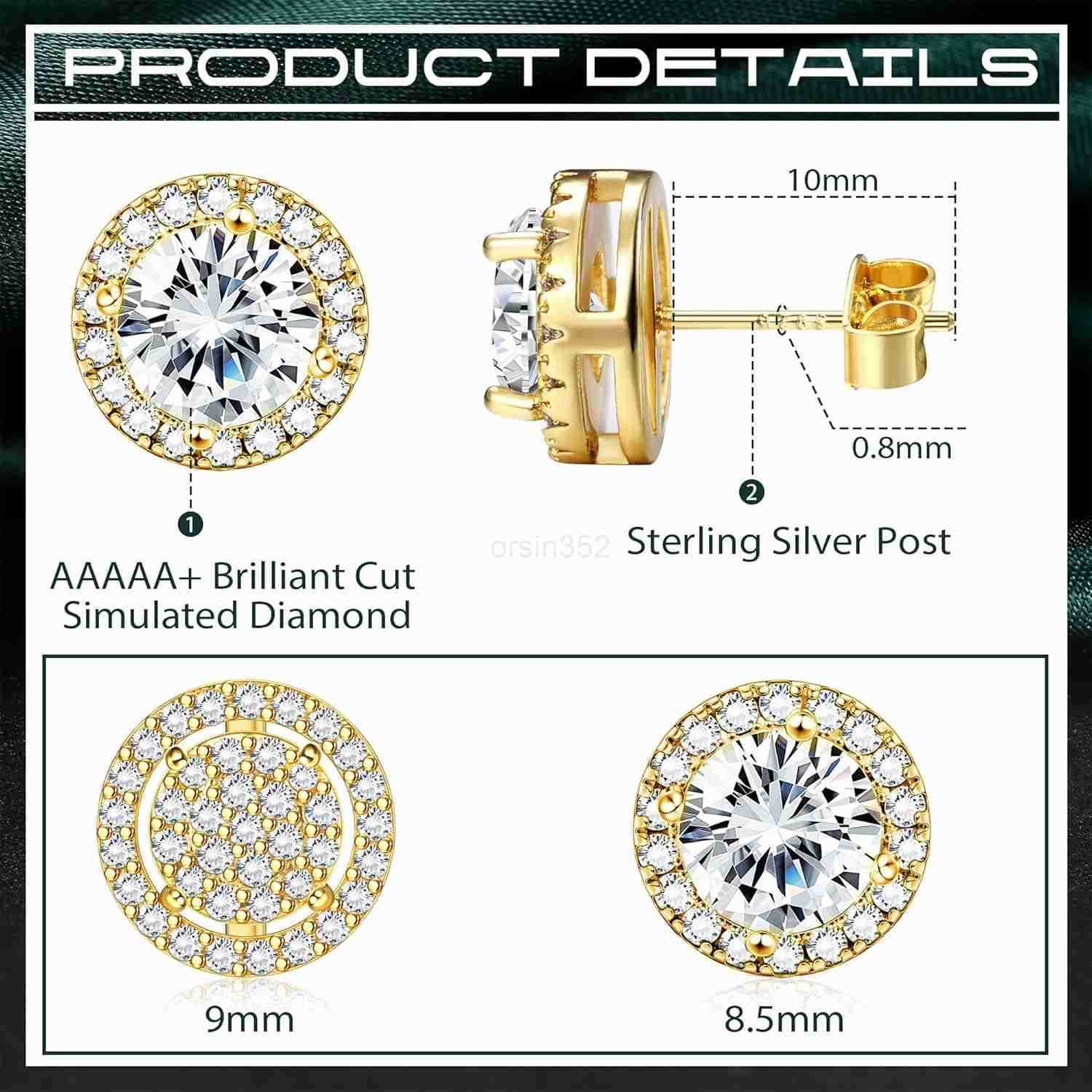 Cubic Zirconia Stud Earrings for Men Women 14K Gold Plated Hypoallergenic 925 Sterling Silver Post Earrings Set Iced Out Round Square CZ Studs Simulat