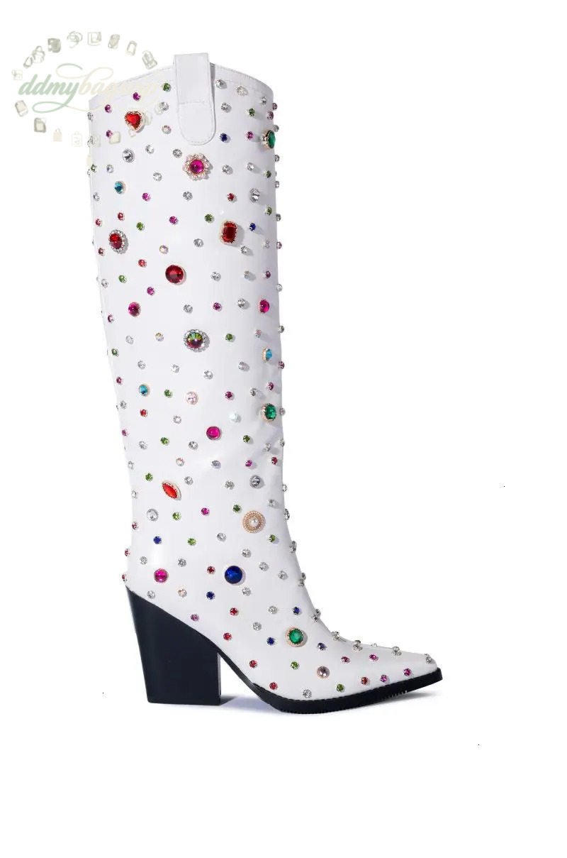 Bestseller Bestseller Bestseller Bestseller Womens dia high heels boots Cowgirl Pointed Toe Knee High Colorful Gem Long Lady Fashion White Boots ddmyb
