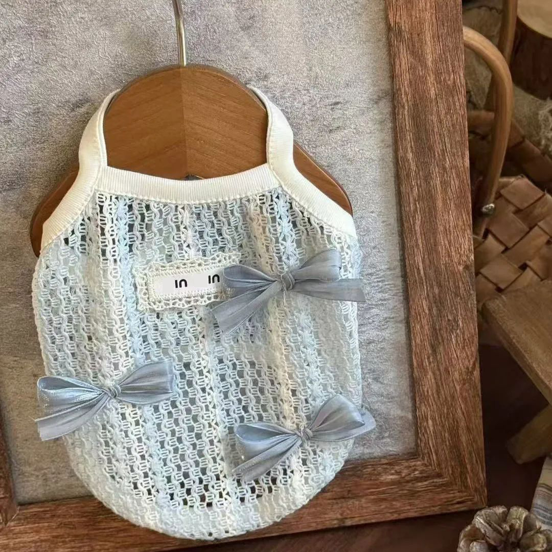 Dog Shirt Vest Hollow Out Lace Lightweight Dog T-Shirts with Small Bow Soft Cool Sleeveless Vests Breathable Clothes for Puppy Kitty Cats Small Medium