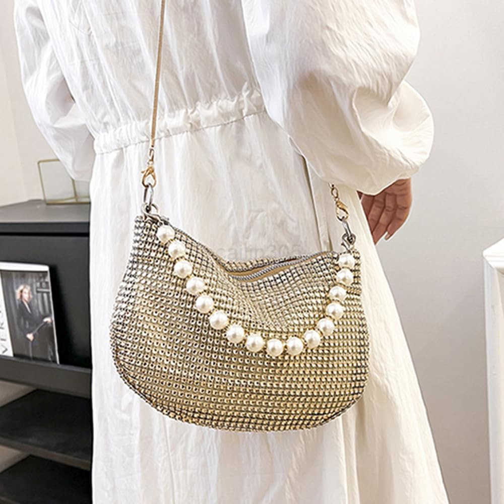 Rhinestone Purse for Women Evening Bag Sparkly Clutch Handbag with Pearls Chain for Party Z25909