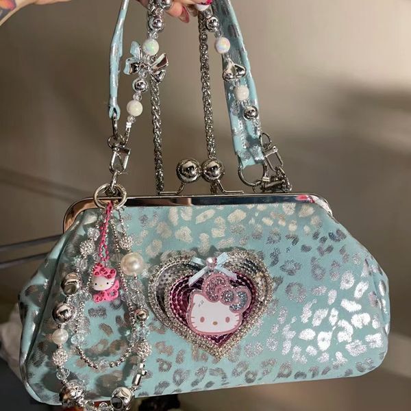 Buckle Unique Silver Blue Sparkling Women's Shoulder Bag Heart-shaped Leopard Print Chain Bag Handbag Autumn New Designer Bag