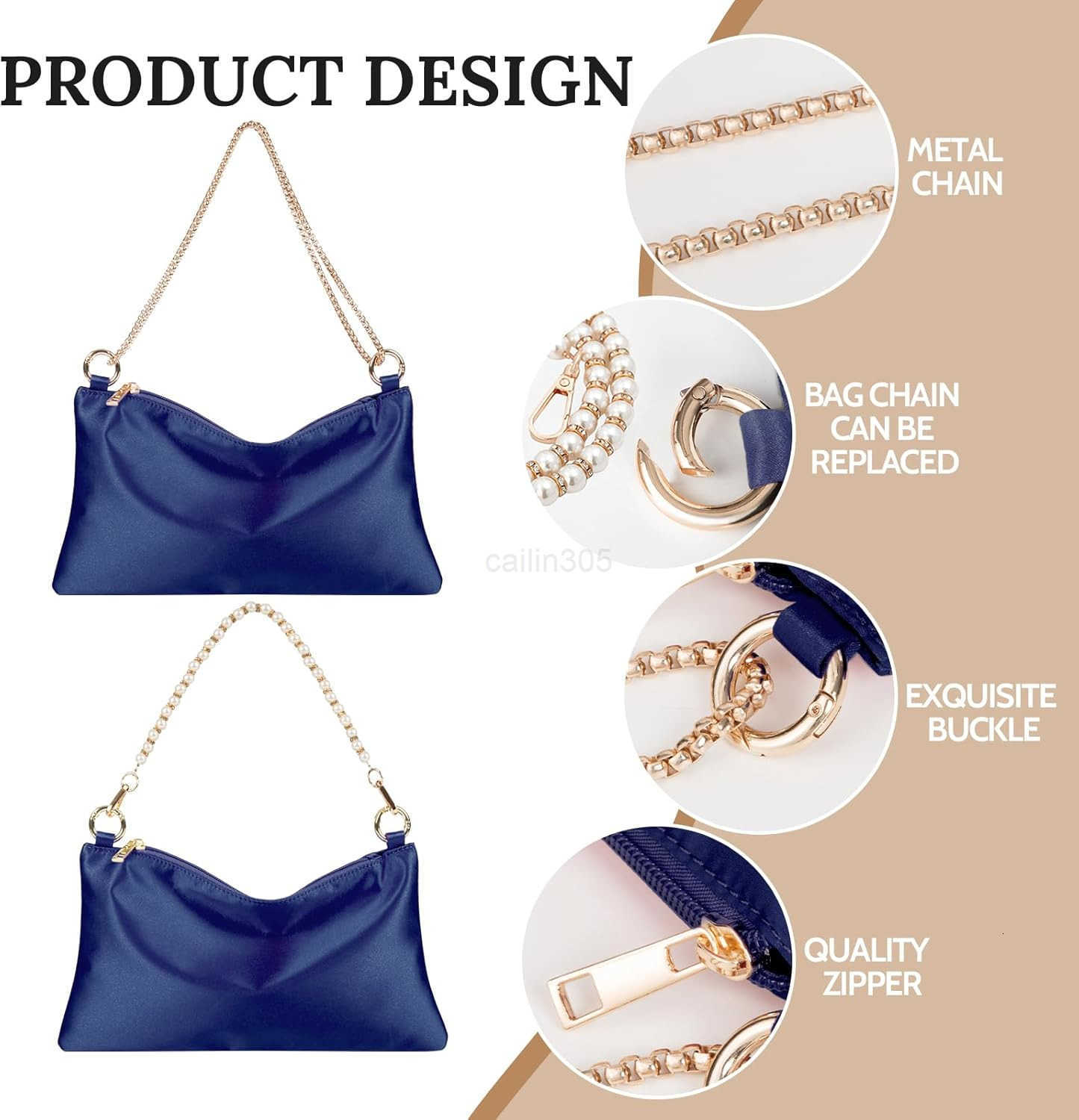 Satin Evening Bag Clutch Purse Handbag for Women Wedding Shoulder Bag with 2 Chains for Formal Cocktail Party Z25909