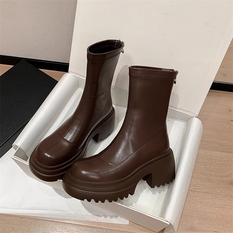 Chunky Heel Platform Fashion Boots Women 2025 AW New Design Versatile Trendy Mid Calf Brown hot sale