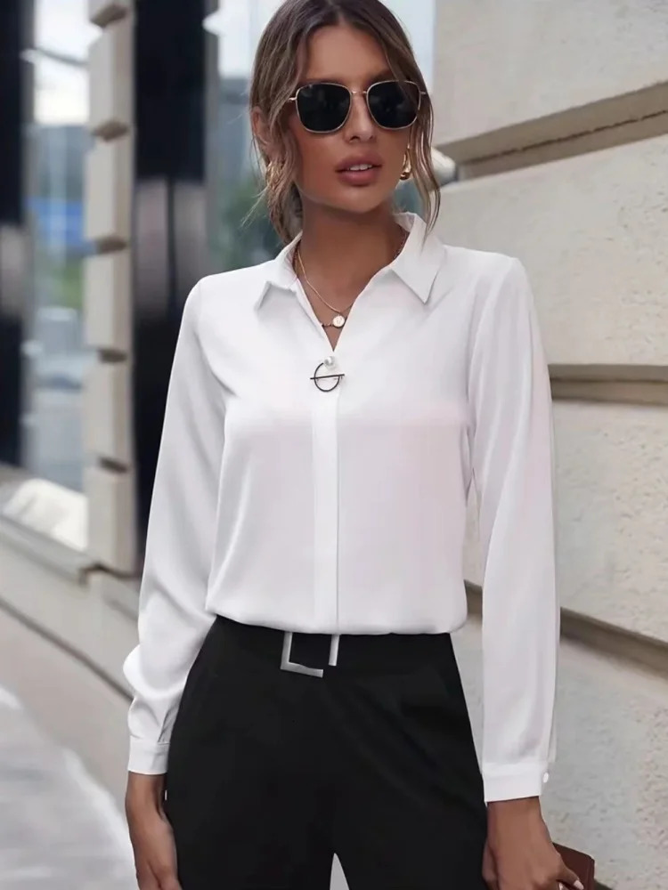 Women Spring Summer Style Blouses Shirts Lady Office OL Style Turndown Collar Long Sleeve Solid Color Blusas Tops DF5000 250909