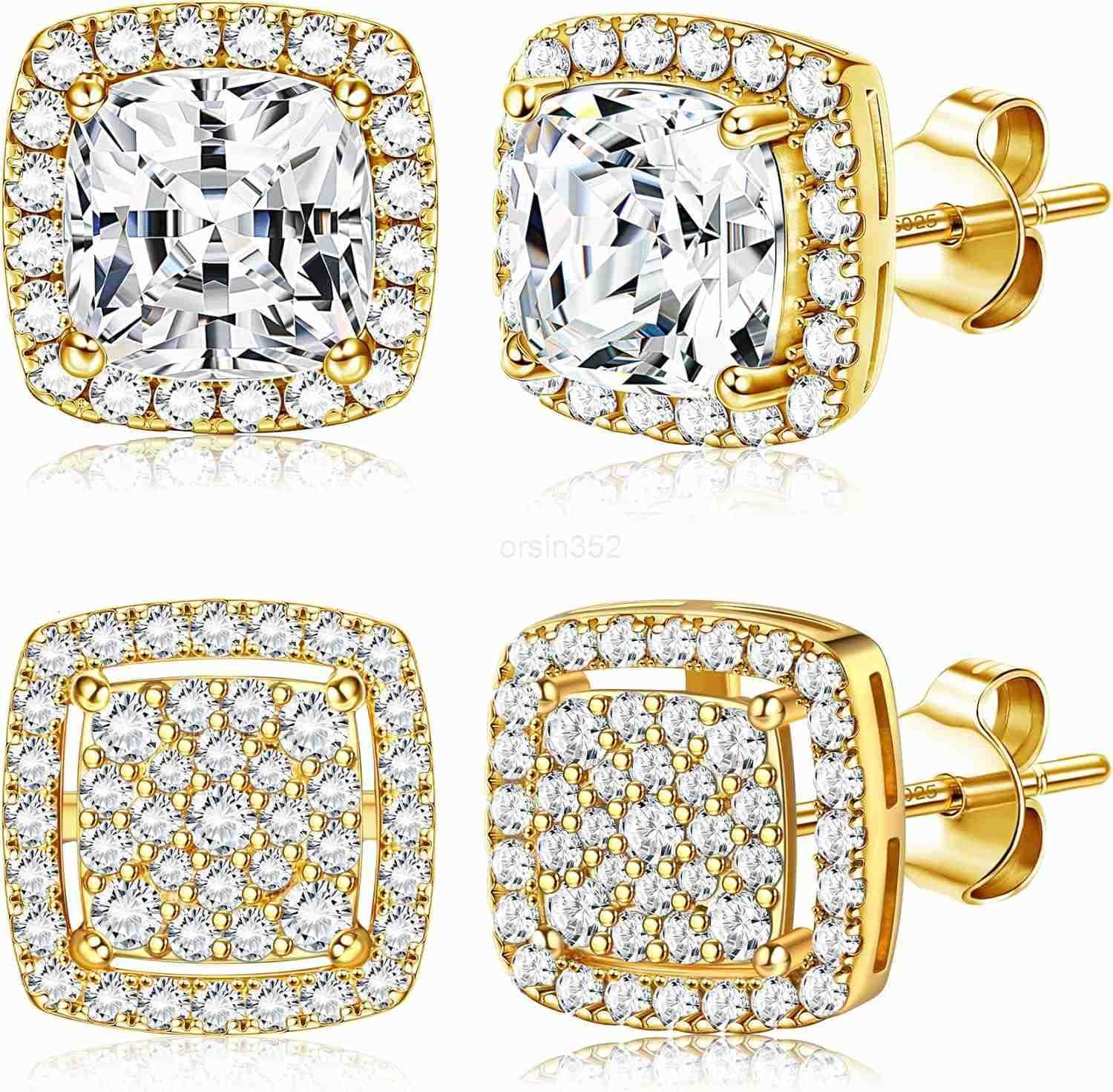 Cubic Zirconia Stud Earrings for Men Women 14K Gold Plated Hypoallergenic 925 Sterling Silver Post Earrings Set Iced Out Round Square CZ Studs Simulat