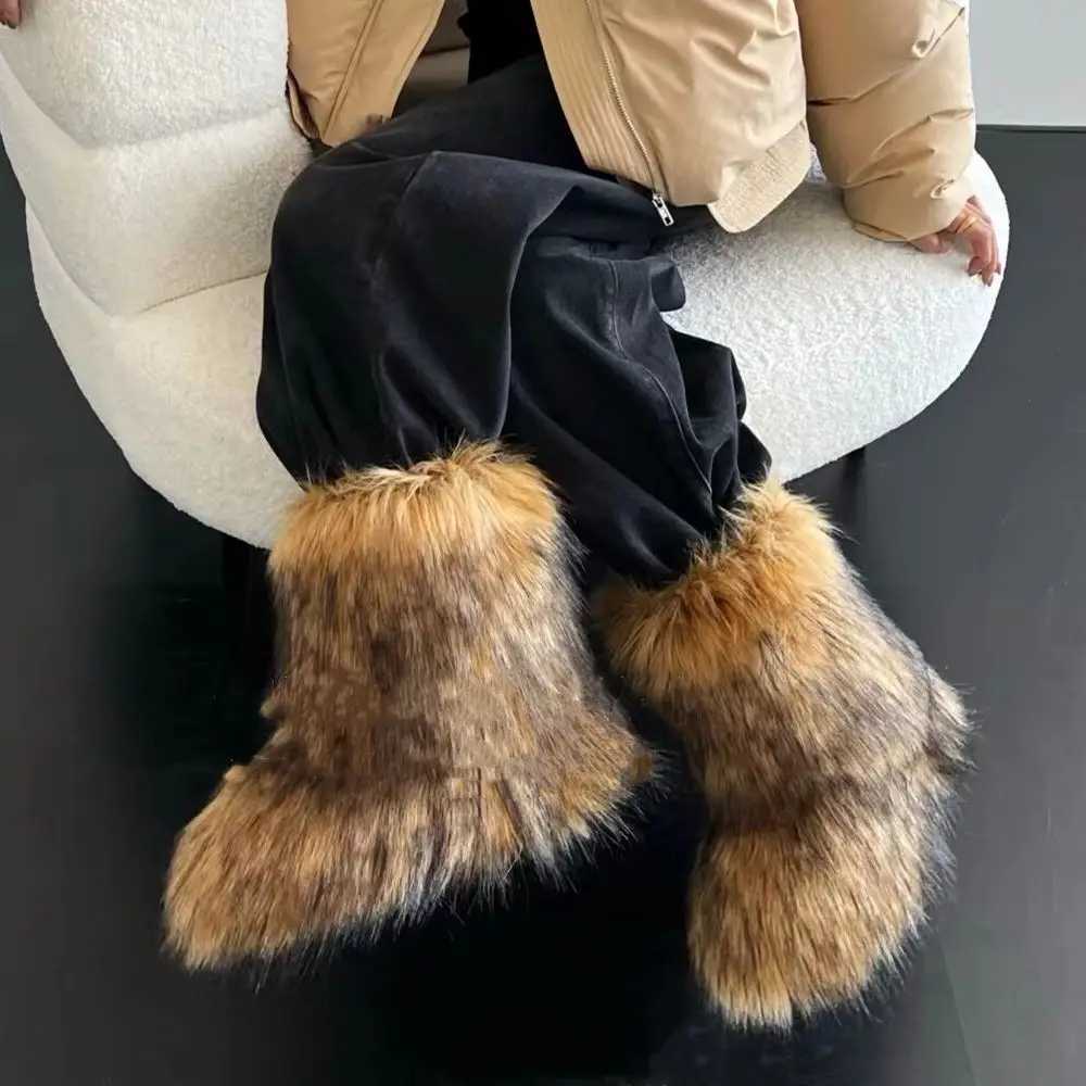 Womens Winter Snow Boots Outdoor Furry Faux Fox Fur Boots Woman Plush Warm Platform Shoes New Fashion Boots Big Size 46 Z250909