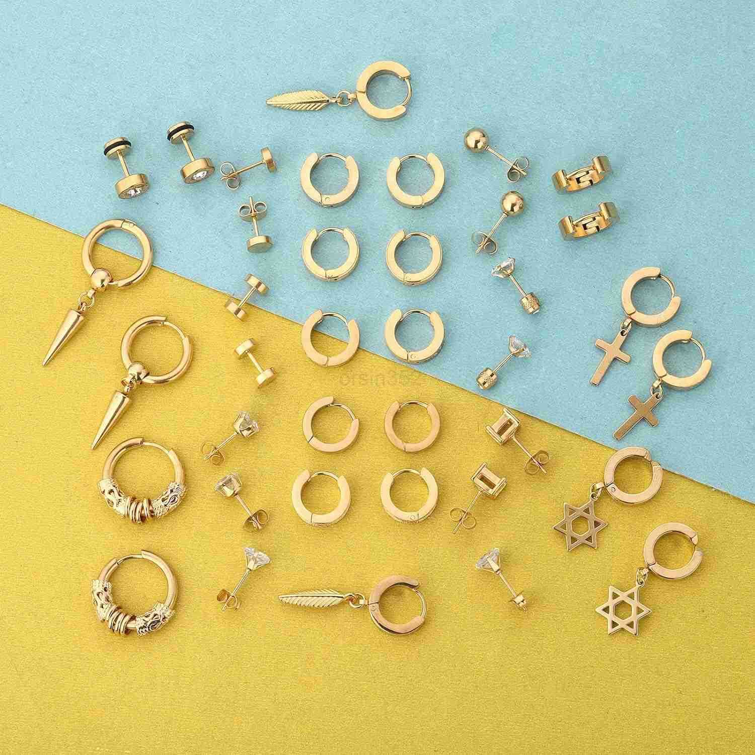 20 Pairs Stainless Steel Stud Earrings for Men Hypoallergenic Earring Unisex Punk Earring Hoop Hinged Dangle Cross Earrings for Men WomenW250909