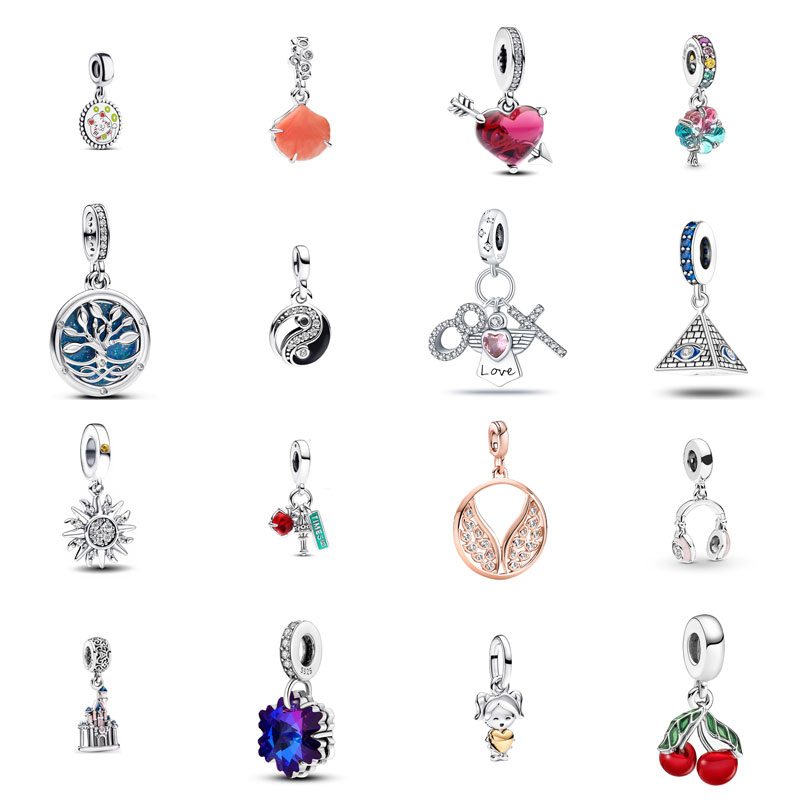 S925 Silver Designer Charm Sun Tai Chi Love Pyramid Earphones Castle Cherry Little Girl Pendant Original Bracelet Jewelry Free Shipping Birthday Gift