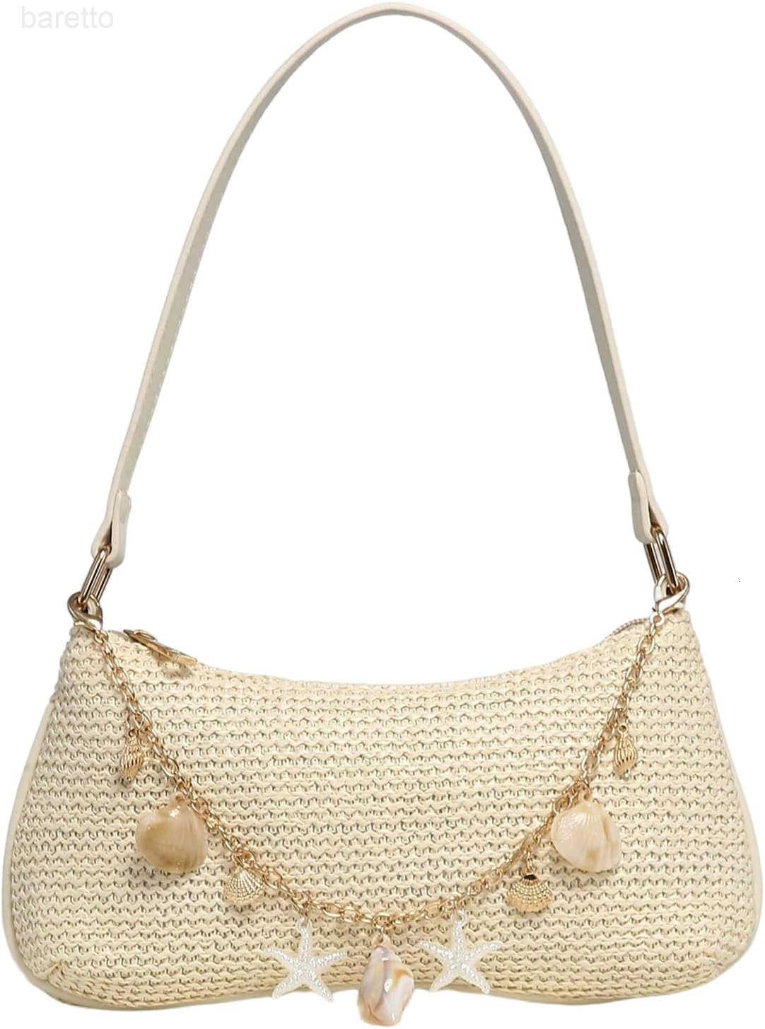 Womens Seashell Pearl Beaded Woven Underarm Shoulder Bags Beach Vacation Top Handle Zipper Single Strap Handbag Z250909