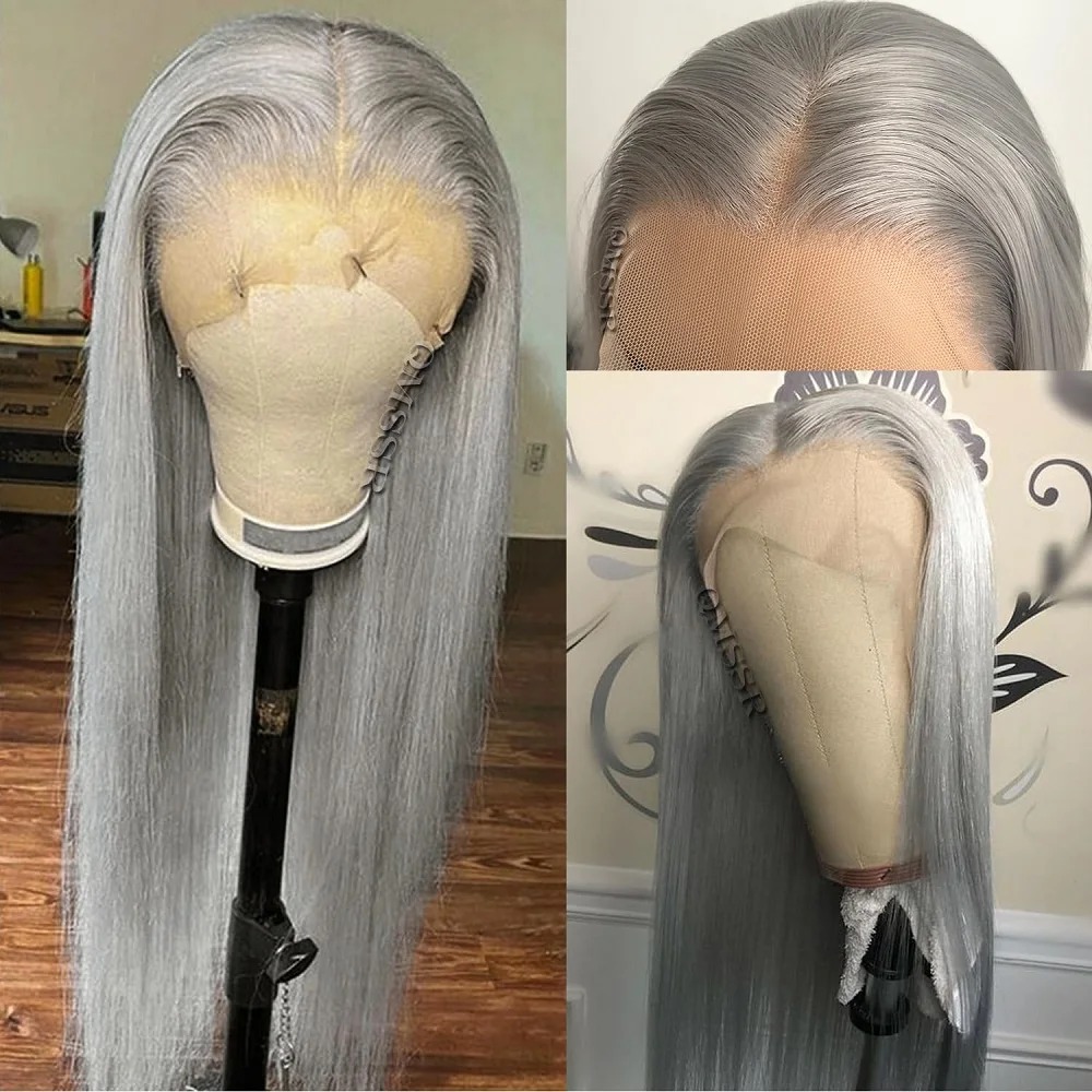 Silver Grey Straight Wigs Human Hair Vietnamese 220% Density 13x6 HD Lace Frontal Wig 360 Full Lace Wig Pre Plucked Hd 38 Pre Plucked with Baby Hair