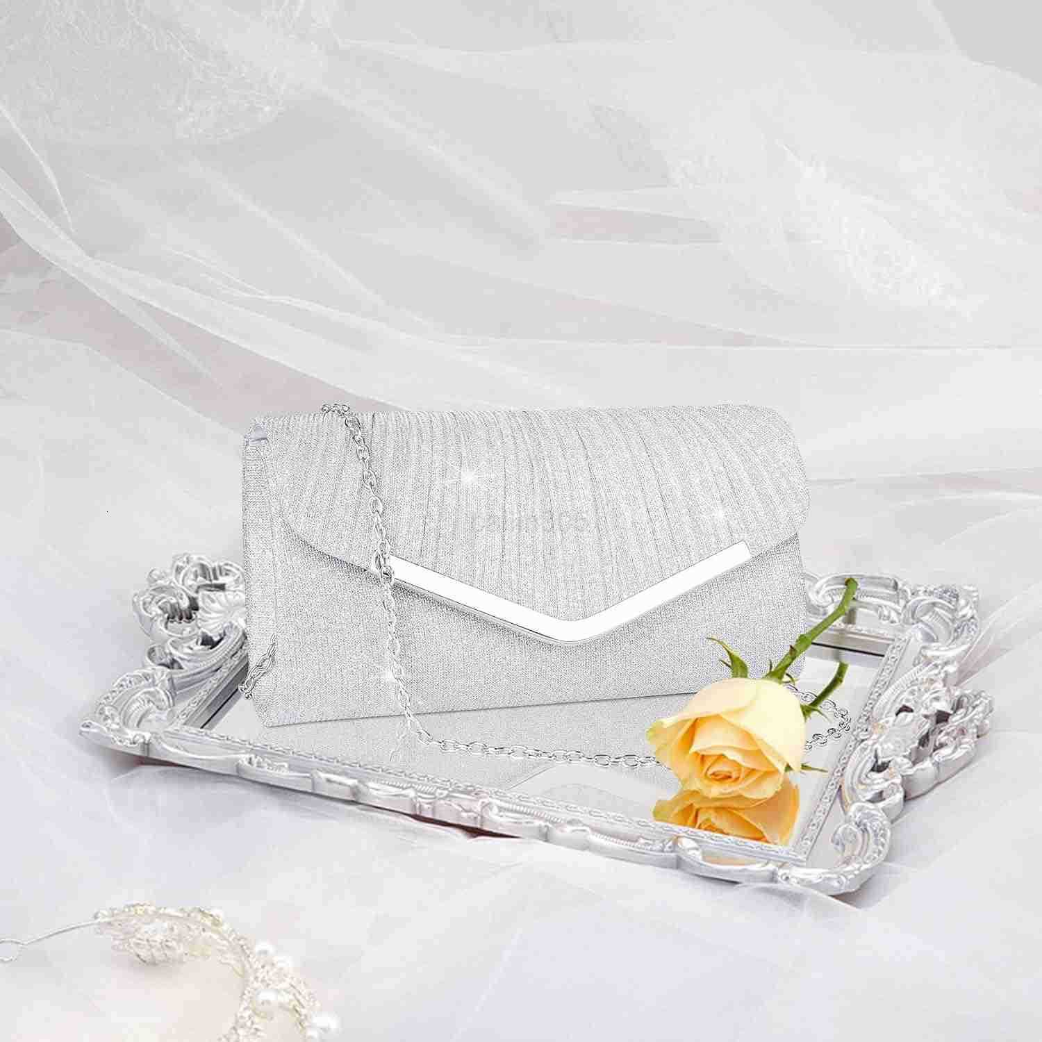 Womens Evening Handbags Sparkly Pleated Evening Purse Elegant Sequins Clutch for Wedding Formal Cocktail Party Z25909