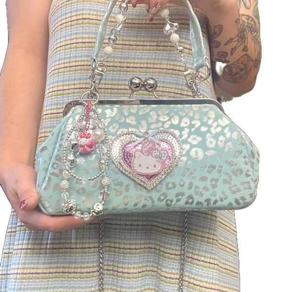 Buckle Unique Silver Blue Sparkling Women's Shoulder Bag Heart-shaped Leopard Print Chain Bag Handbag Autumn New Designer Bag