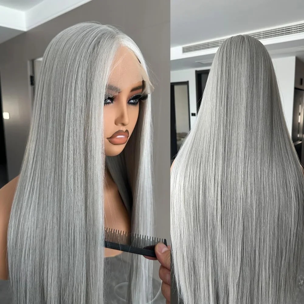 Silver Grey Straight Wigs Human Hair Vietnamese 220% Density 13x6 HD Lace Frontal Wig 360 Full Lace Wig Pre Plucked Hd 38 Pre Plucked with Baby Hair