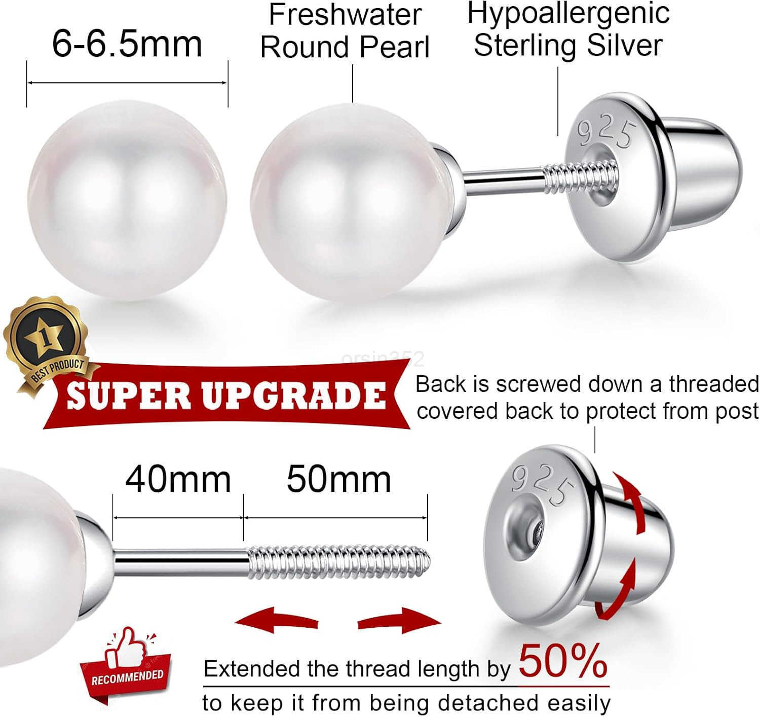 Pearl Earrings with Screw Back for Women 925 Sterling Silver Sensitive Genuine 6mm White Real Round Cultured Pearls Stud Everyday Earrings Studs Ladie