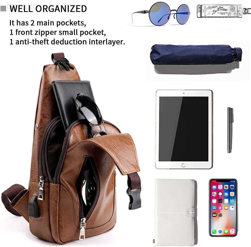 Rop Men Sling Bag Anti Theft Shoulder Bag Small Leather Crossbody Sling Backpack with USB Charge Port Brown Z250909
